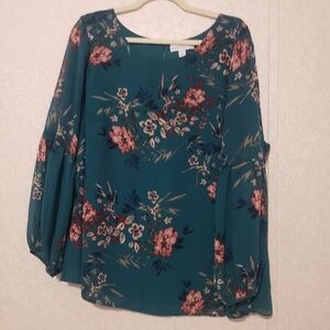 BOUTIQUE GREEN FLORAL LONG SLEEVE BLOUSE...SIZE:2X